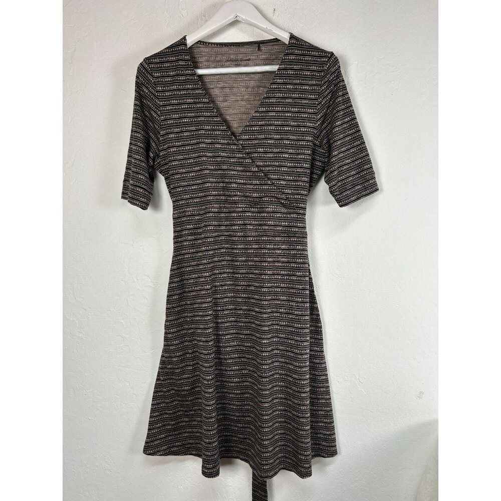 Toad&Co Womens Geo Striped Wrap Dress Short Sleeves Tie Waist Large Black White
